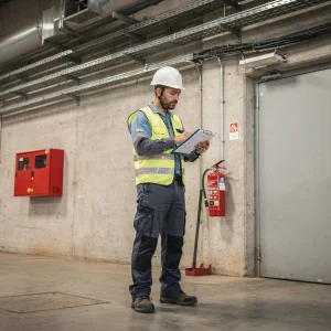 Tecnico antincendio durante un audit in azienda mentre controlla estintori, cartellini e registro antincendio