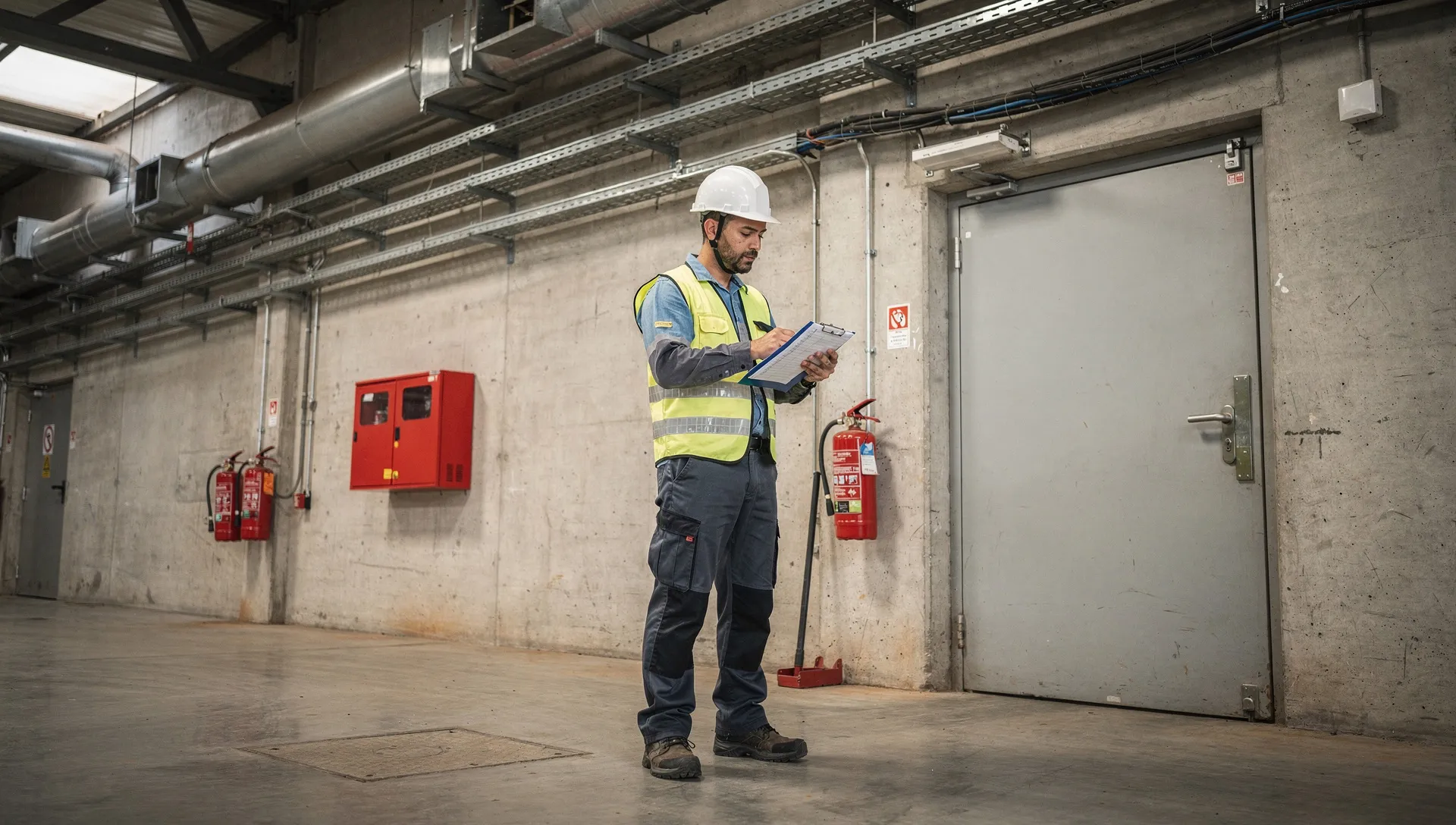 Tecnico antincendio durante un audit in azienda mentre controlla estintori, cartellini e registro antincendio