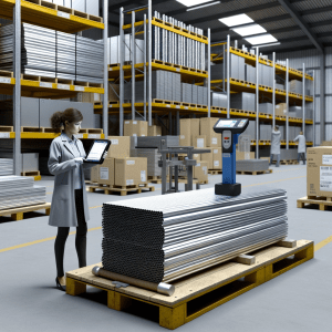 Tecnico in magazzino controlla semilavorati in alluminio con strumento XRF tra tubi, barre e piastre