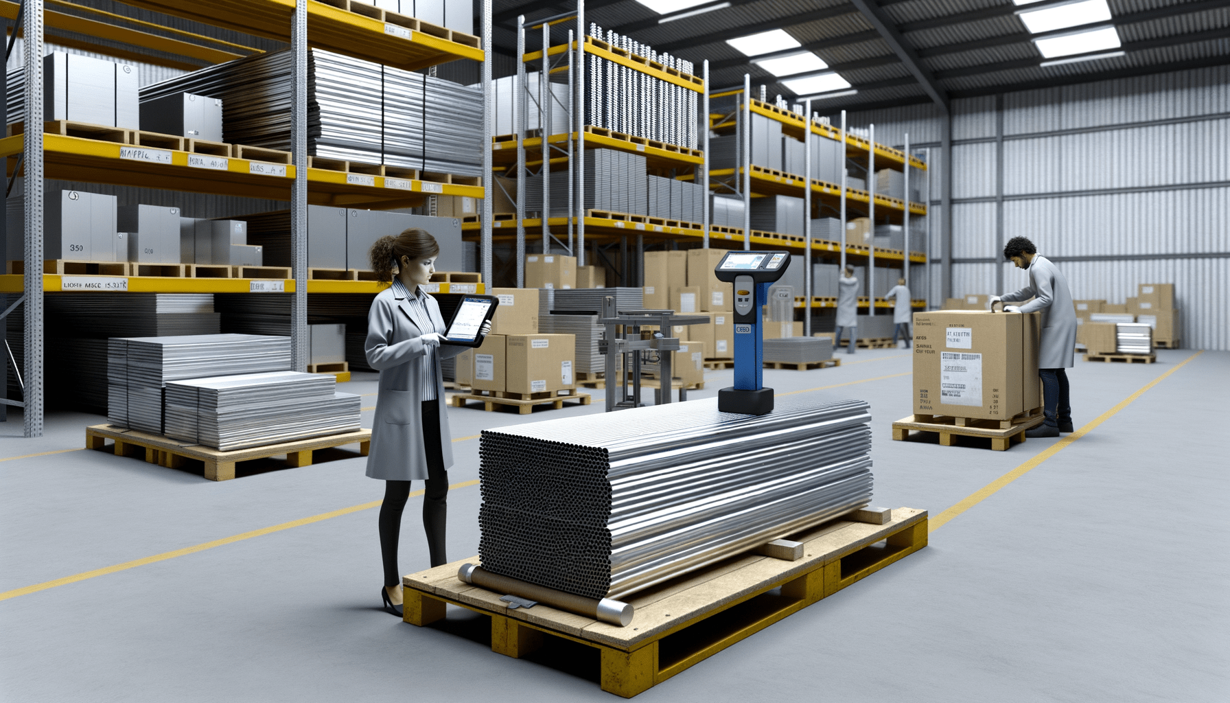 Tecnico in magazzino controlla semilavorati in alluminio con strumento XRF tra tubi, barre e piastre